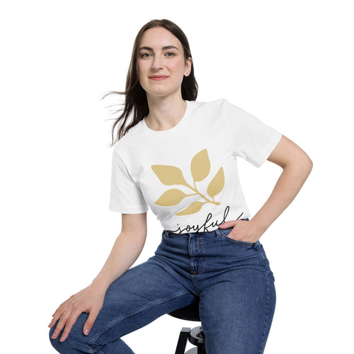 AuraVerde Joyful Leaf Script Tee | Whimsical Nature Graphic Shirt