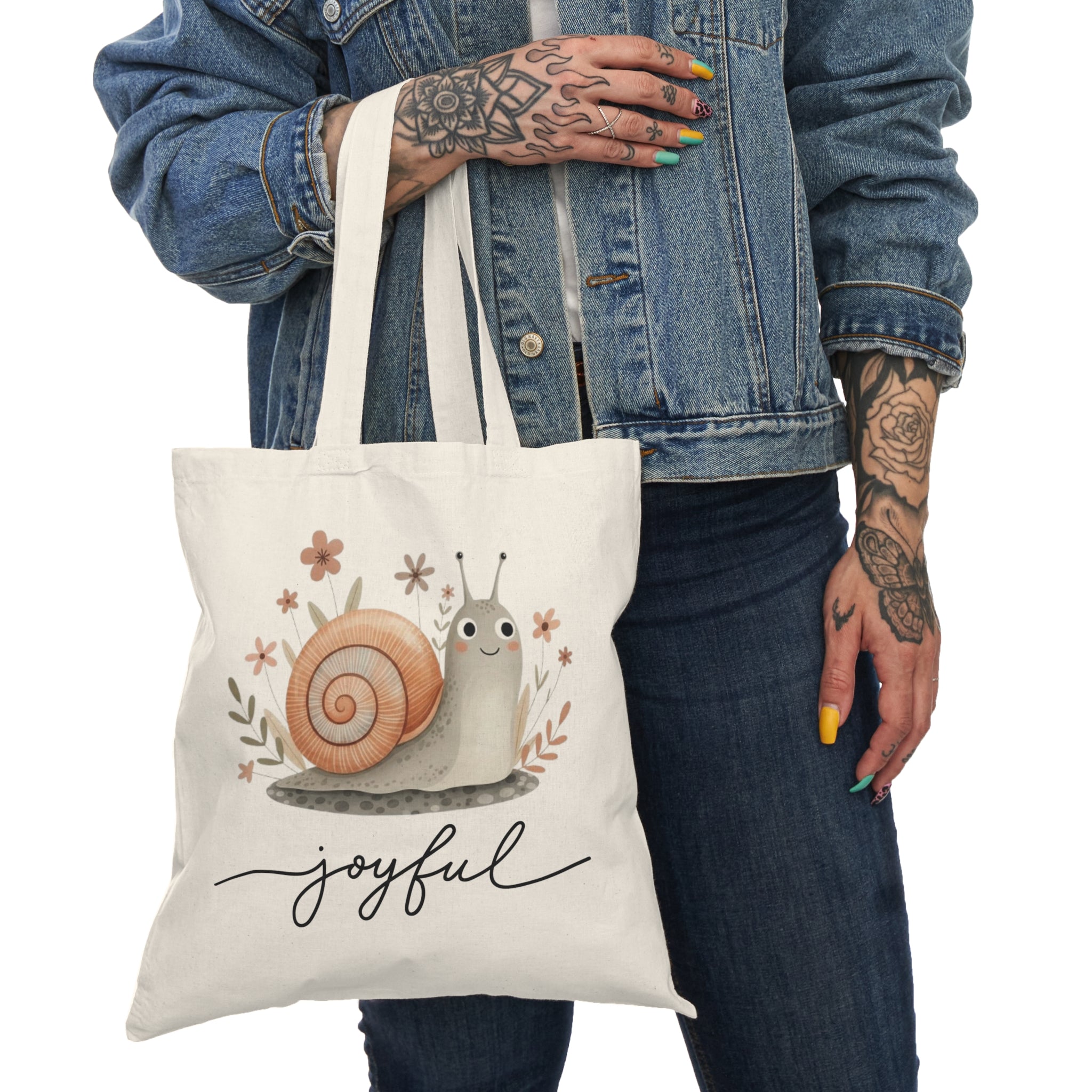 AuraVerde Joyful Snail Canvas Tote Bag | Whimsical Art Eco Bag