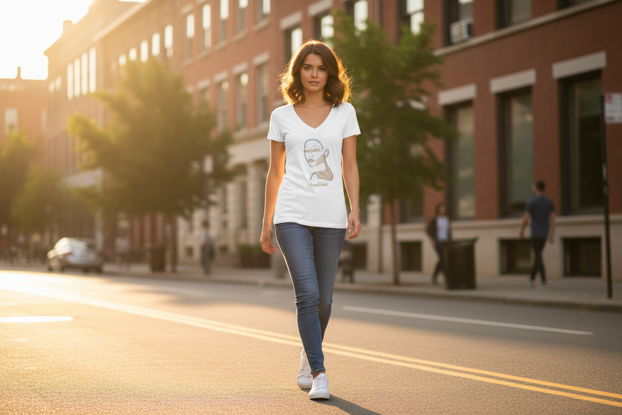 AuraVerde Visage Line Art V-Neck Tee