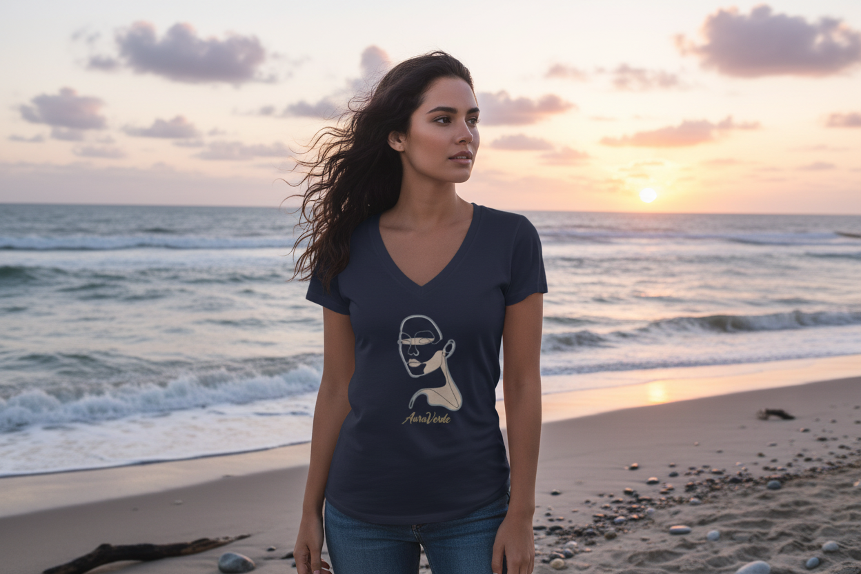 AuraVerde Visage Line Art V-Neck Tee