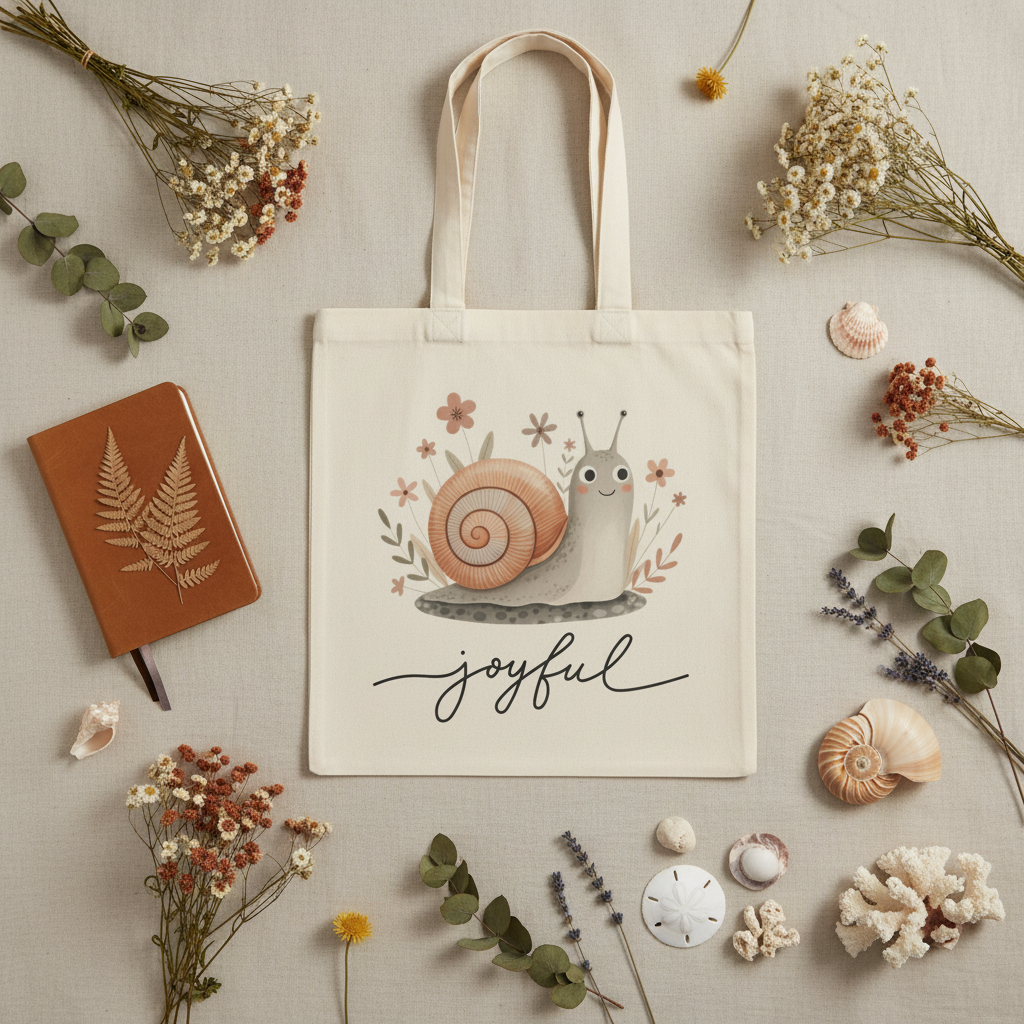 AuraVerde Joyful Snail Canvas Tote Bag | Whimsical Art Eco Bag